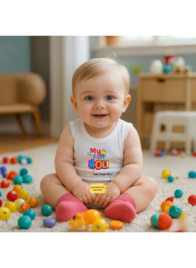 PRINTSHOP4ME Personalized My 1st Holi-Themed Baby Romper - Soft Cotton Fabric-Sleeveless Jumpsuit For Boys And Girls-Comfortable,Lightweight And Breathable Outfit For Festive Celebrations - Image 2